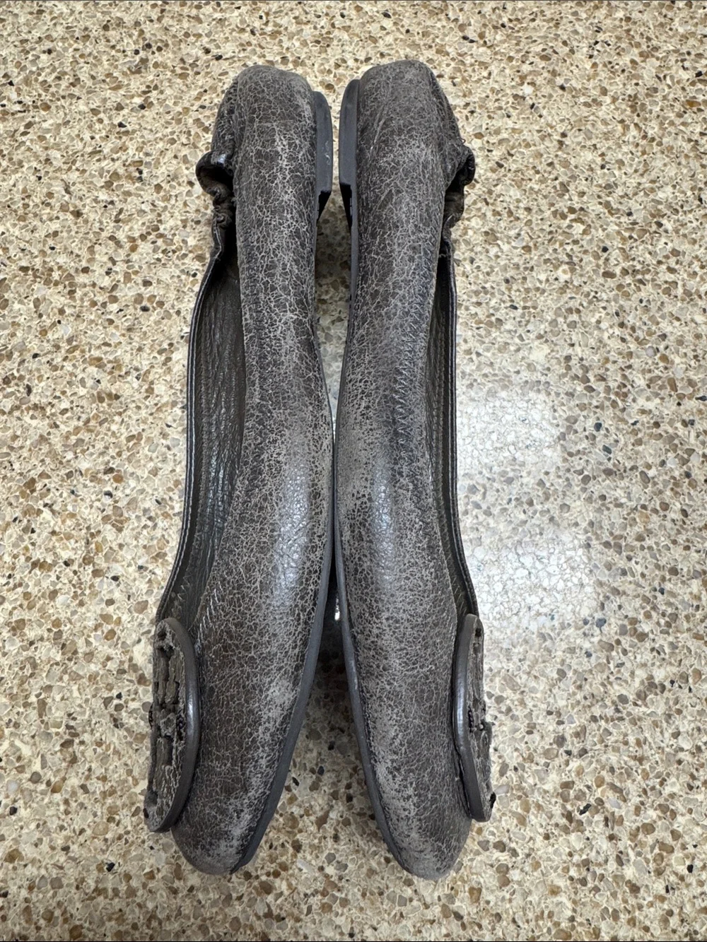 Tory Burch Distressed Brown Leather Logo Ballet Flats